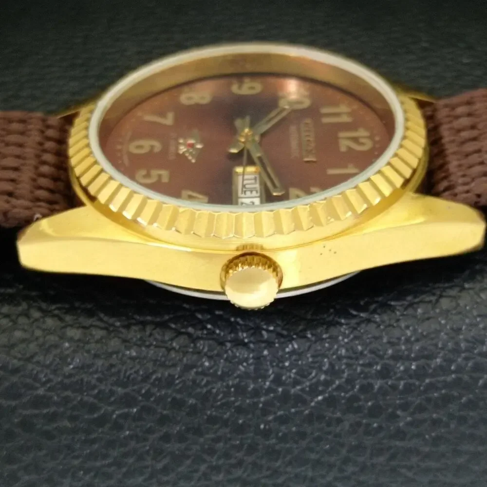 Vintage 1990 Citizen Automatic Mens Gold Watch W/daydate & Brown accents